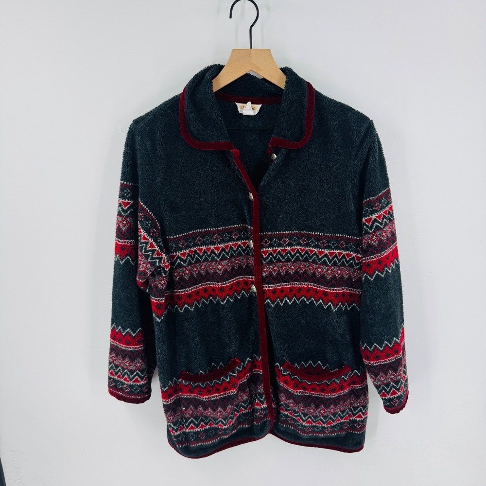 Talbots Women's Fleece Cardigan Sweater‎ Jacket Red Geometric Print Size M